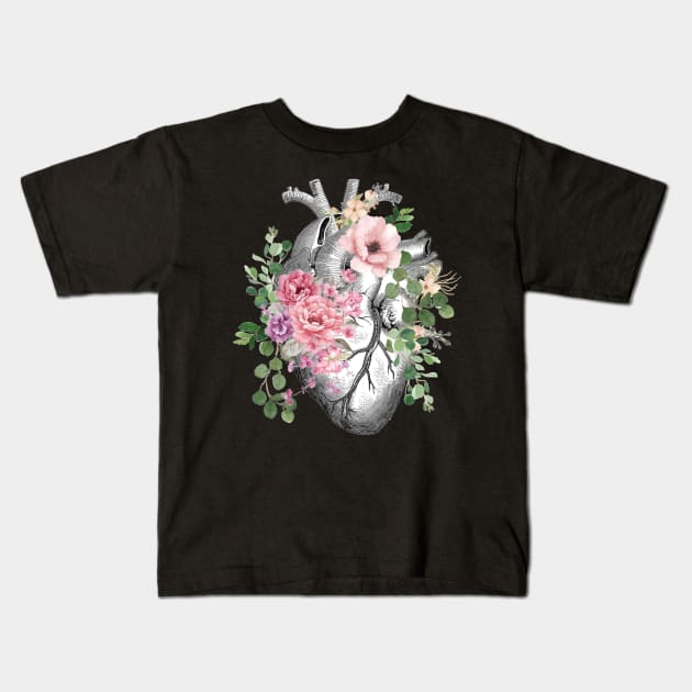 Bloom Floral Heart Human Anatomy Kids T-Shirt by Collagedream